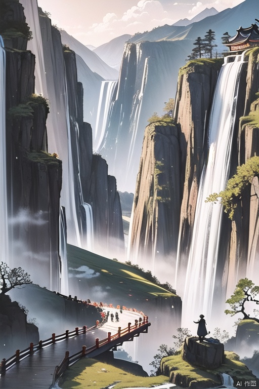 Chinese ancientpaintings,traditional chinese ink painting,sunset,spring,A magnificent waterfall flows down from the high cliff, ((1 man)), stands on a rocky platform at the foot of the mountain, ((look up the waterfall)),birds,dense colorful forests, sky,cloud, Mist, stairs,water,flower,(from bottom),detailed bdoy, telephoto lenses,from bottom, (cinematic compositions), masterpieces, best quality, high-resolution, delicate details, realistic shadows, diffuse reflections,