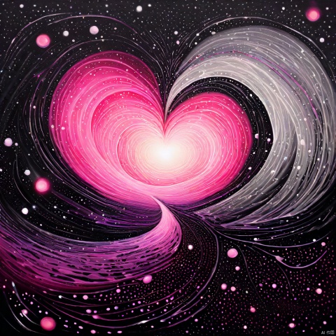 In 'Masterpiece' artwork, a swirling vortex of black, gray, and pink hues surrounds a vibrant heart-shaped focal point, pulsing with energy. Delicate spirals and curves dance across the composition, as tiny dots scattered throughout add texture to the abstract landscape. A gradient transition from dark to light creates a striking contrast, drawing attention to the dynamic heart at its center. The artwork's intricate details and high dynamic range evoke a sense of passion and intensity, inviting the viewer into its mesmerizing world.