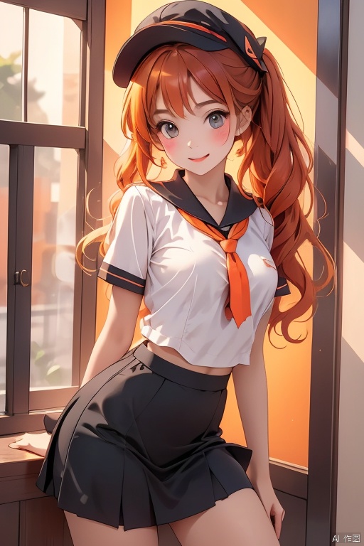 A bright orange background fills the frame as a young girl, dressed in her school uniform, beams with a warm smile. She stands confidently against the vibrant hue, her eyes shining with joy and her hair styled neatly beneath her cap.