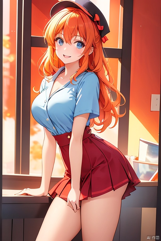 A bright orange background fills the frame as a young girl, dressed in her school uniform, beams with a warm smile. She stands confidently against the vibrant hue, her eyes shining with joy and her hair styled neatly beneath her cap.