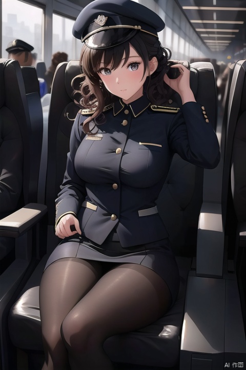 A stewardess poses confidently in a garrison cap and crisp uniform, her curly hair styled into an elegant updo. She sits down on a sleek, modern chair at the terminal's departure gate, her long legs crossed at the ankles, showcasing black pantyhose and high heels. The lighting is soft and even, casting no harsh shadows on her polished features.