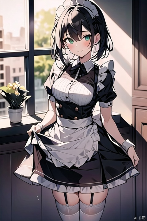 1girl, solo, looking at viewer, blush, smile, short hair, bangs, hair ornament, thighhighs, dress, hair between eyes, closed mouth, green eyes, standing, white hair, short sleeves, frills, day, puffy sleeves, indoors, apron, black dress, puffy short sleeves, zettai ryouiki, wrist cuffs, maid, maid headdress, window, feet out of frame, garter straps, sunlight, plant, fishnets, white apron, maid apron, frilled apron, skirt hold, collared dress, brown thighhighs,