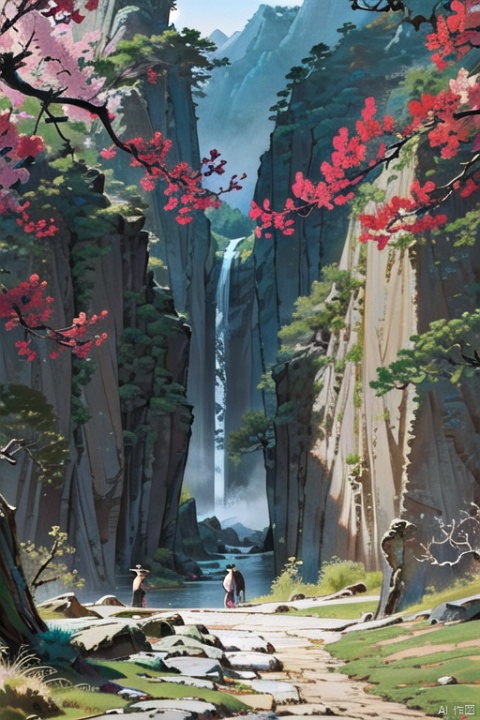 Chinese ancientpaintings,traditional chinese ink painting,sunset,spring,A magnificent waterfall flows down from the high cliff, ((1 man)), stands on a rocky platform at the foot of the mountain, ((look up the waterfall)),birds,dense colorful forests, sky,cloud, Mist, stairs,water,flower,(from bottom),detailed bdoy, telephoto lenses,from bottom, (cinematic compositions), masterpieces, best quality, high-resolution, delicate details, realistic shadows, diffuse reflections,