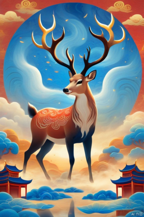 Dunhuang art style illustration,a magnificent nine-colored deer surrounded by auspicious clouds , Standing in the lotus pond ,extremely delicate brushstrokes, soft and smooth, China red and indigo, golden background