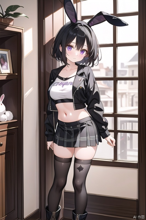 A whimsical chibi girl poses solo, locking eyes with the viewer. Her short, black hair is styled with bangs framing her face. A plaid skirt falls just above her knees, paired with a matching black jacket adorned with rabbit ears. Her navel is exposed as she wears open clothes, showcasing her midriff. Purple eyes sparkle beneath animal ears, while wings sprout from her back. She dons socks and boots, completing the look. English text appears in a playful font, adding to the scene's charm.