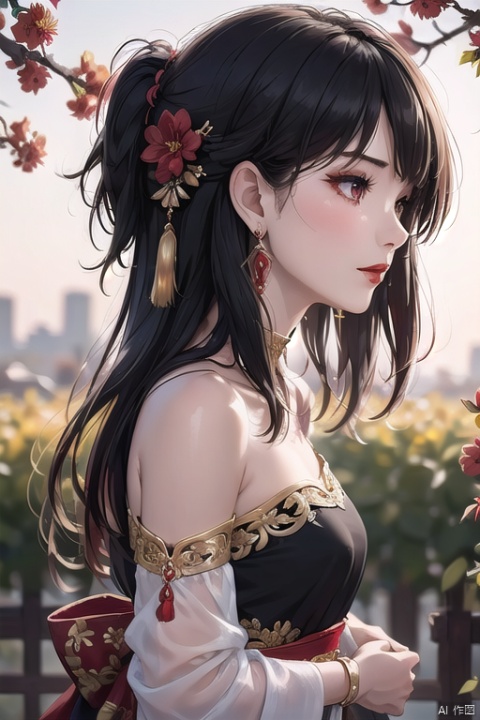  1girl, solo, long hair, black hair, hair ornament, jewelry, closed mouth, upper body, flower, earrings, blurry, from side, eyelashes, profile, makeup, red background, chinese clothes,  red flower, tassel, branch, red lips, tassel earrings, guoflinke