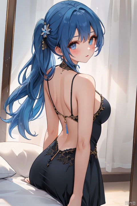 A striking figure stands before a vintage-inspired newspaper wall backdrop. The subject, a young girl with vibrant blue hair styled in double braids and sapphire-like eyes, wears a formal gown featuring a semi-backless design. The dress's high neckline is adorned with a delicate neckband. Her skirt falls just above the knees, showcasing her confidence as she faces the audience directly, exposing the upper portion of her back to the viewer.