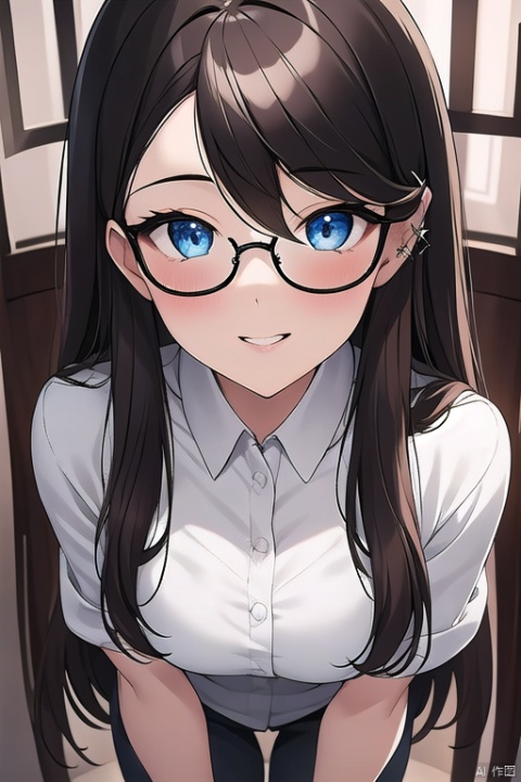 A mesmerizing holographic portrait of a young girl with striking features. The subject's long, chestnut-brown hair cascades down her back, framing her heart-shaped face. Her piercing blue eyes sparkle beneath a delicate fringe of lashes. A pair of glasses rests gently on the bridge of her nose, adding to her endearing charm. Her parted lips are slightly puckered, showcasing a hint of teeth as she appears to smile subtly. The holographic rendering captures every detail with crystal clarity, immersing the viewer in a captivating digital portrait.