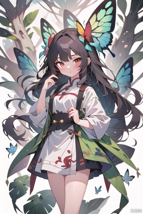1 girl, surrounded by big leaf plants, wearing flower accessories, (Old-growth forest), (long hair) puberty, young girl, bright outline,Butterfly Dance, surrealistic,tuyawang, senlin
