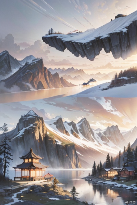  (ultra detailed, High quality ,best quality, High precision, Fine luster, UHD, 16k), (official art, masterpiece, illustration), A landscape painting with a lake, pine trees and a sunset, thick fog, with clear new pop illustrations, (large area of white space, one-third composition: 1.3), minimalist world, beige gray, Chinese Jiangnan scenery, digital printing, lake and mountain scenery, sunset and solitary crane flying together, , cnss, FANTASY,动漫