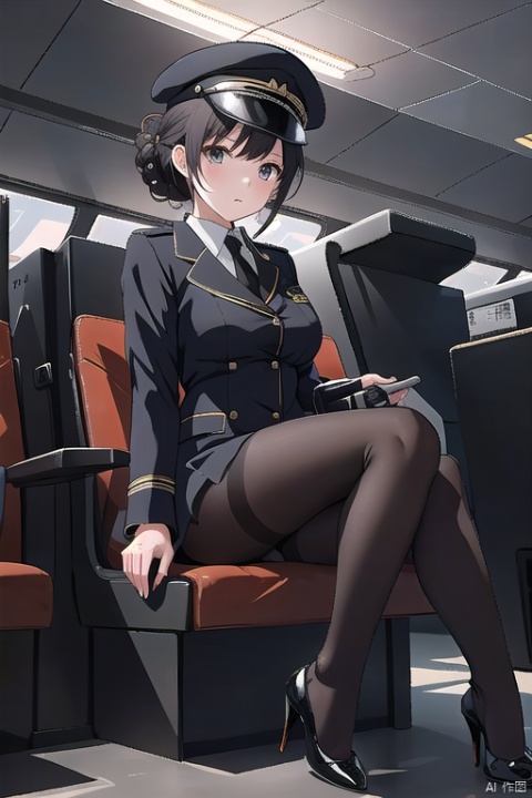 Stewardess, updo, black pantyhose, high heels, sit down, terminal,garrison cap,
