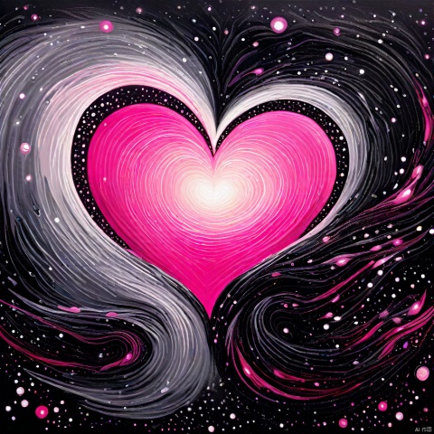 In 'Masterpiece' artwork, a swirling vortex of black, gray, and pink hues surrounds a vibrant heart-shaped focal point, pulsing with energy. Delicate spirals and curves dance across the composition, as tiny dots scattered throughout add texture to the abstract landscape. A gradient transition from dark to light creates a striking contrast, drawing attention to the dynamic heart at its center. The artwork's intricate details and high dynamic range evoke a sense of passion and intensity, inviting the viewer into its mesmerizing world.