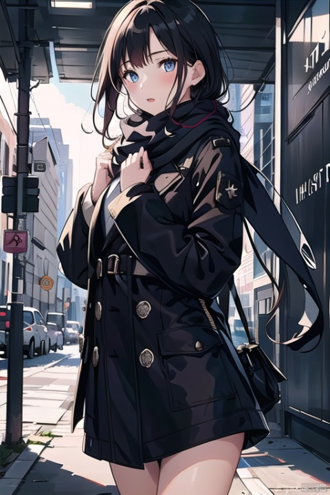 1girl, solo, long hair, black hair, long sleeves, dress, jacket, solo focus, scarf, lips, coat, sleeves past wrists, hands up, ground vehicle, Clothing design, dreampaperpaper,illustration, Purity Portait
