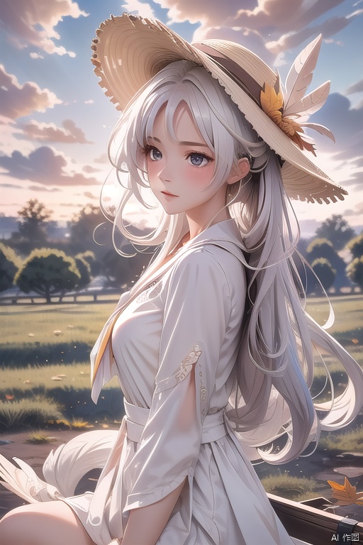 1girl,white_hair,long_hair,white_shirt,brown coat,brown_straw_hat,sunset,field,in_autumn,fallen leaves,feathers,Altocumulus,landscape,from_side,looking_up,(hair in takes:1.1), Anime