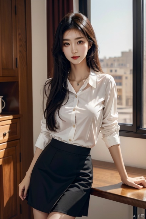 1girl,long hair,black hair,skirt,solo,indoors,shirt,striped shirt,striped,holding,window,blurry background,black skirt,pen,blurry,leaning forward,parted lips,pencil skirt,brown eyes,table,chair,jewelry,collared shirt,cinematic,HD,Lucid,detailed,photography,colorful,atmospheric,perfect lighting,aesthetic,elegant,Delicate features, clear eyes, nose, mouth, ears, eyebrows, seductive expression, , Asian girl