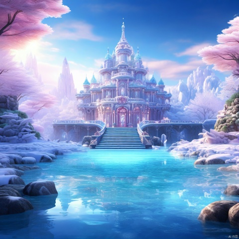 In a whimsical fantasy scenery, a majestic building stands amidst a breathtaking backdrop of soft lighting and ultra-detailed water. The structure's intricate architecture shines with a masterful blend of colors against a tranquil canvas of beautiful, detailed ice formations. This high-resolution wallpaper masterpiece showcases exceptional quality, with every texture and element meticulously rendered for an unparalleled visual experience.