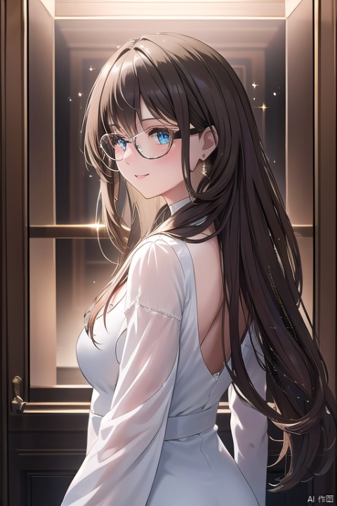 A mesmerizing holographic portrait of a young girl with striking features. The subject's long, chestnut-brown hair cascades down her back, framing her heart-shaped face. Her piercing blue eyes sparkle beneath a delicate fringe of lashes. A pair of glasses rests gently on the bridge of her nose, adding to her endearing charm. Her parted lips are slightly puckered, showcasing a hint of teeth as she appears to smile subtly. The holographic rendering captures every detail with crystal clarity, immersing the viewer in a captivating digital portrait.