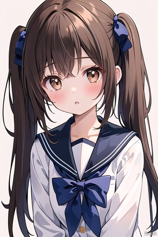 1girl, solo, long hair, looking at viewer, blush, bangs, simple background, brown hair, shirt, bow, twintails, brown eyes, school uniform, upper body, sidelocks, parted lips, serafuku, bowtie, sailor collar, blue bow, white sailor collar,,