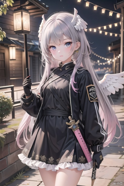 best quality, masterpiece, 1girl, solo, irene \(arknights\), gloves, scar across eye, black gloves, long hair, lantern, holding, scar, weapon, grey hair, sword, scar on face, grey eyes, parted lips, looking at viewer, holding lantern, head wings, long sleeves, jacket, black jacket, earrings, pink hair, jewelry, skirt