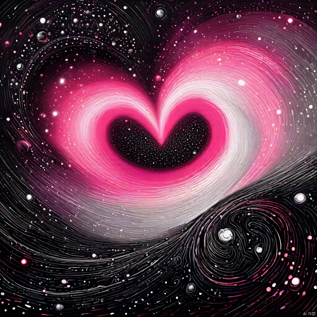 In 'Masterpiece' artwork, a swirling vortex of black, gray, and pink hues surrounds a vibrant heart-shaped focal point, pulsing with energy. Delicate spirals and curves dance across the composition, as tiny dots scattered throughout add texture to the abstract landscape. A gradient transition from dark to light creates a striking contrast, drawing attention to the dynamic heart at its center. The artwork's intricate details and high dynamic range evoke a sense of passion and intensity, inviting the viewer into its mesmerizing world.