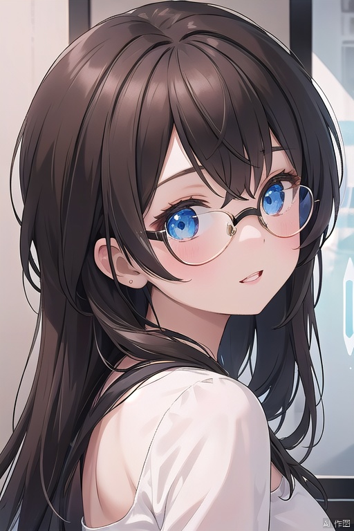 A mesmerizing holographic portrait of a young girl with striking features. The subject's long, chestnut-brown hair cascades down her back, framing her heart-shaped face. Her piercing blue eyes sparkle beneath a delicate fringe of lashes. A pair of glasses rests gently on the bridge of her nose, adding to her endearing charm. Her parted lips are slightly puckered, showcasing a hint of teeth as she appears to smile subtly. The holographic rendering captures every detail with crystal clarity, immersing the viewer in a captivating digital portrait.