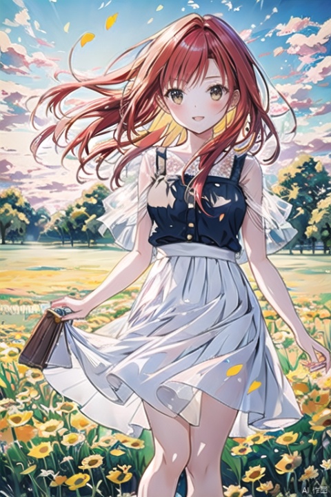 A girl with fiery red hair, wearing a cute sundress and holding a handful of dandelions, standing in a sunny field with a gentle breeze rustling the grass and flowers around her. The scene should capture the playful and carefree spirit of Sakimichan, with warm colors and a soft, dreamy quality that evokes a sense of nostalgia and wonder. Traditional painting, watercolor style,