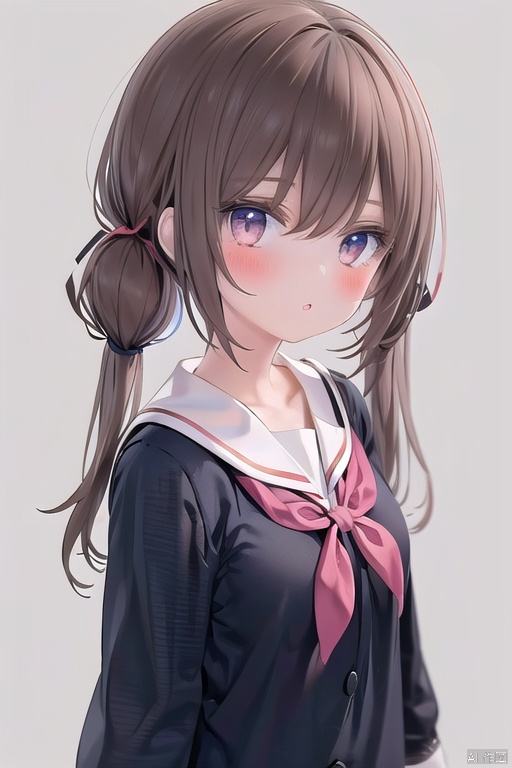 1girl, solo, long hair, looking at viewer, blush, bangs, simple background, brown hair, shirt, bow, twintails, brown eyes, school uniform, upper body, sidelocks, parted lips, serafuku, bowtie, sailor collar, blue bow, white sailor collar,

