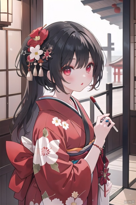 1girl, solo, looking at viewer, black hair, hair ornament, red eyes, long sleeves, jewelry, flower, japanese clothes, hair flower, kimono, tattoo, makeup, mask, ring, eyeshadow, red lips, hair stick, 
