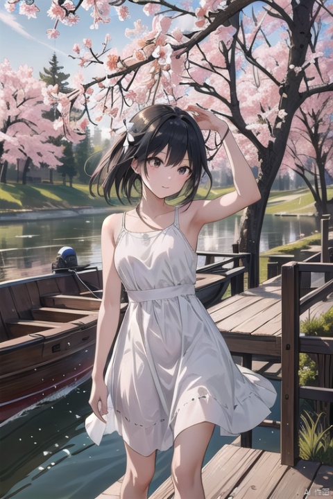 capture a serene early spring scene on a misty lake with a girl in a white dress on a wooden boat. trees with fresh green buds line the shore. above, a pair of swallows fly among young willow branches. the atmosphere is calm and expectant, signaling the awakening of nature,