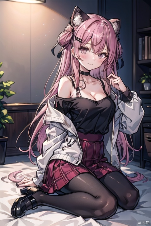 1girl, animal, bangs, bare_shoulders, black_footwear, black_legwear, black_skirt, blurry, blurry_foreground, blush, breasts, cleavage, closed_mouth, collarbone, depth_of_field, eyebrows_visible_through_hair, hair_between_eyes, hair_ornament, hair_ribbon, high_heels, jacket, long_hair, long_sleeves, looking_at_viewer, medium_breasts, off_shoulder, one_side_up, pantyhose, pillow, pink_hair, plaid, plaid_skirt, ribbon, shirt, shoes, sitting, skirt, smile, solo, stuffed_animal, stuffed_cat, stuffed_toy, teddy_bear, very_long_hair, wariza, white_background, white_jacket, white_shirt
