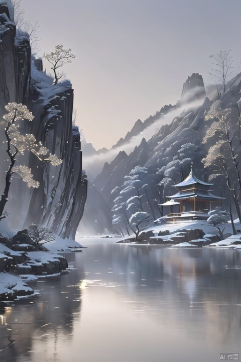 A serene blue and white porcelain-style landscape of a misty moonlit temple, shrouded in frost, surrounded by towering mountains and lush trees with delicate flowers. In the foreground, a small boat (1.5 times life-size) glides across the tranquil river, reflecting the soft hues of the evening sky. Water lilies float gently on the water's surface, adding to the peaceful ambiance.