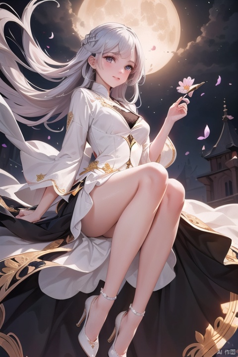 high heels, full body, masterpiece, best quality, 1girl, (colorful),(delicate eyes and face), volumatic light, ray tracing, bust shot ,extremely detailed CG unity 8k wallpaper,solo,smile,intricate skirt,((flying petal)),(Flowery meadow) sky, cloudy_sky, moonlight, moon, night, (dark theme:1.3), light, fantasy, windy, magic sparks, dark castle,white hair,masterpiece,鏃�