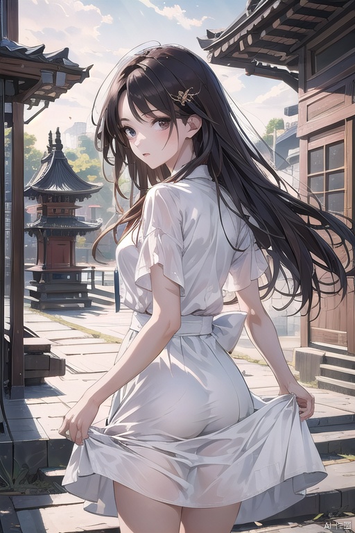 (masterpiece, top quality, best quality, official art, beautiful and aesthetic:1.2),gf-hd, 1girl, long hair, dress, architecture, solo, stairs, white dress, east asian architecture, brown hair, from behind, skirt hold, hair ornament, Anime