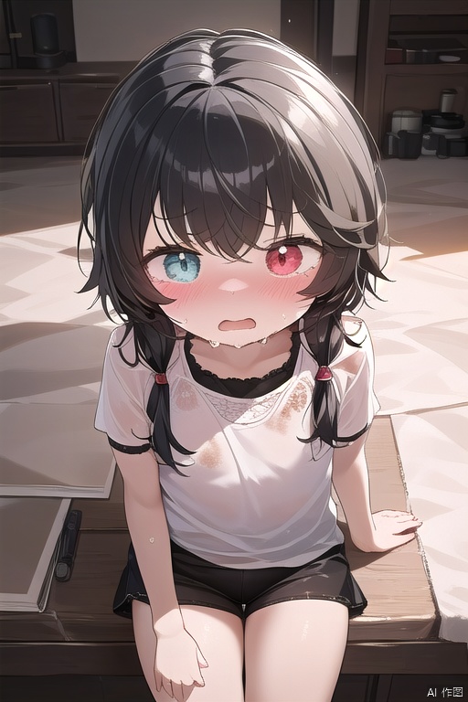 A distraught young girl with pale skin and slender features sits alone on a dusty, sun-baked plain in a cowboy-shot composition. Her messy black hair frames her tear-streaked face, showcasing heterochromia in her eyes that remain open as she cries. A small nose and delicate features are accentuated by anime-style blush. Dirty clothes and a bandaid on her knee add to the scene's realism. The focus is tight, with the girl's petite form occupying most of the frame, as if seen through a telescope. The artbook quality image boasts an impressive filesize, making it a stunning addition to any collection.