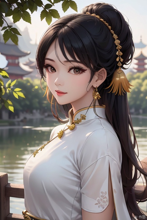 A stunning Chinese woman stands confidently outdoors, surrounded by lush greenery and the subtle blur of a tree in the background. She wears a elegant white dress with short sleeves, adorned with intricate jewelry, including dangling earrings and a statement bracelet. Her raven-black hair is styled in a sleek bun, framing her striking features. Her bright red lips are painted into a subtle pout as she gazes directly at the viewer. The warm sunlight casts a gentle glow on her porcelain complexion, highlighting her delicate features. In the distance, the majestic architecture of ancient China's structures subtly complements her regal presence.