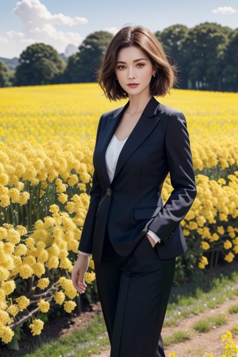 A elegant woman in a dark suit with golden short hair, standing in a field of blooming rapeseed flowers against a backdrop of blue sky and white clouds, gentle breeze blowing, causing her clothes corner and hair to flutter slightly, high quality full HD picture, art painting by famous artist., Light master, 