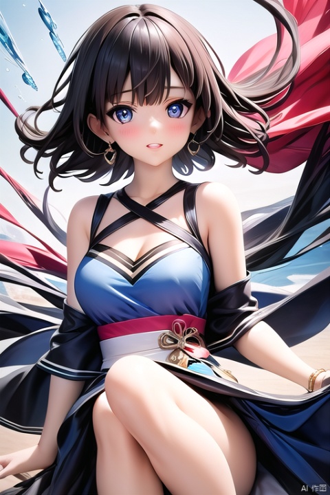 1girl,Bangs, off shoulder, black hair, blue dress, blue eyes, chest, earrings, dress, earrings, floating hair, jewelry, sleeveless, short hair,Looking at the observer, parted lips, pierced,energy,electricity, 1girl