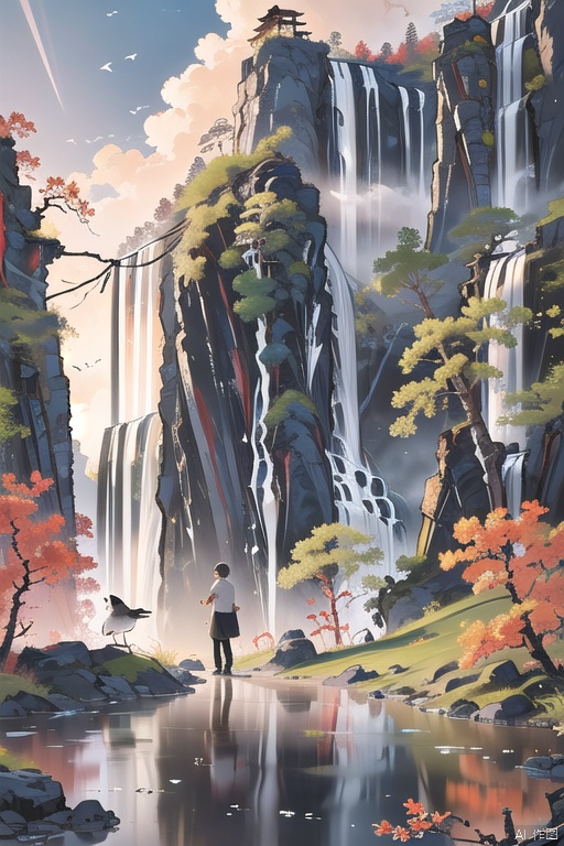 Chinese ancientpaintings,traditional chinese ink painting,sunset,spring,A magnificent waterfall flows down from the high cliff, ((1 man)), stands on a rocky platform at the foot of the mountain, ((look up the waterfall)),birds,dense colorful forests, sky,cloud, Mist, stairs,water,flower,(from bottom),detailed bdoy, telephoto lenses,from bottom, (cinematic compositions), masterpieces, best quality, high-resolution, delicate details, realistic shadows, diffuse reflections,