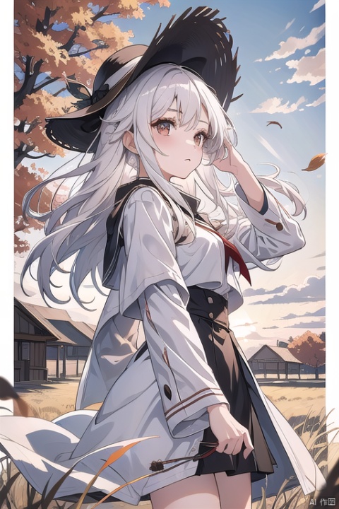 1girl,white_hair,long_hair,white_shirt,brown coat,brown_straw_hat,sunset,field,in_autumn,fallen leaves,feathers,Altocumulus,landscape,from_side,looking_up,(hair in takes:1.1), Anime