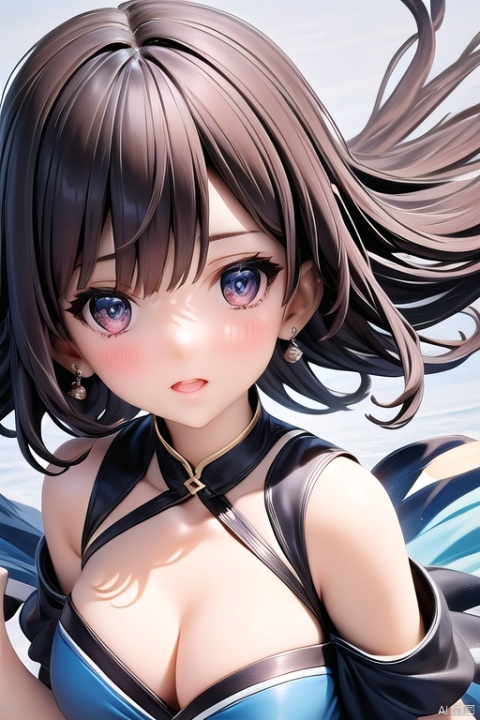 1girl,Bangs, off shoulder, black hair, blue dress, blue eyes, chest, earrings, dress, earrings, floating hair, jewelry, sleeveless, short hair,Looking at the observer, parted lips, pierced,energy,electricity, 1girl