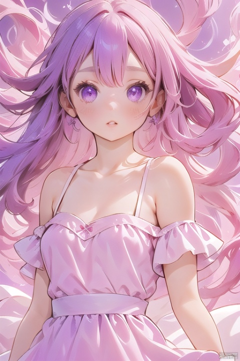 1girl, solo, long hair, dress, bare shoulders, purple eyes, collarbone, upper body, pink hair, parted lips, off shoulder, white dress, floating hair, looking away, wind