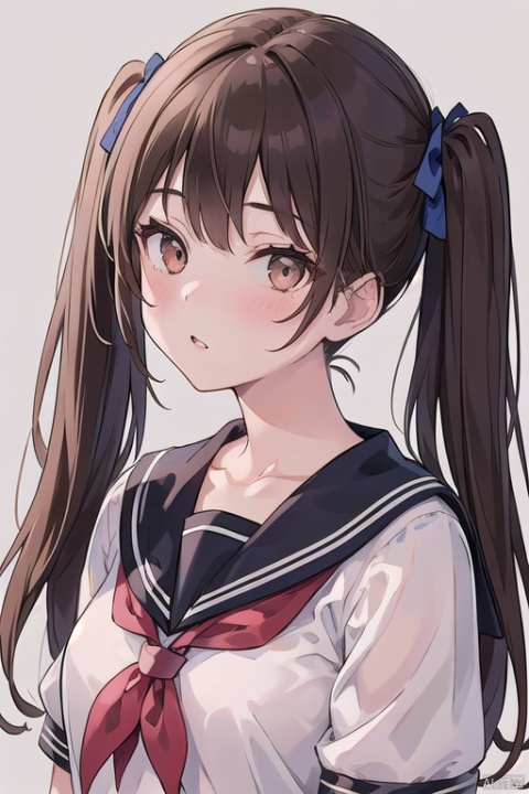 1girl, solo, long hair, looking at viewer, blush, bangs, simple background, brown hair, shirt, bow, twintails, brown eyes, school uniform, upper body, sidelocks, parted lips, serafuku, bowtie, sailor collar, blue bow, white sailor collar,,

