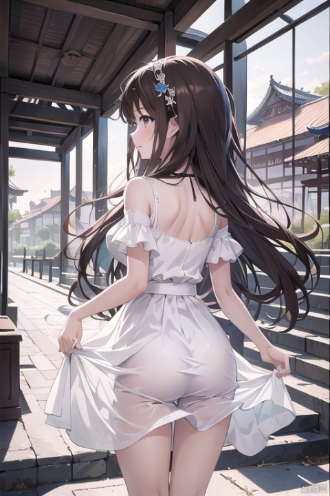 (masterpiece, top quality, best quality, official art, beautiful and aesthetic:1.2),gf-hd, 1girl, long hair, dress, architecture, solo, stairs, white dress, east asian architecture, brown hair, from behind, skirt hold, hair ornament, Anime