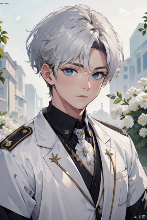  (official art, 8k wallpaper, ultra detailed, High quality, best quality),white flowers ,1boy,