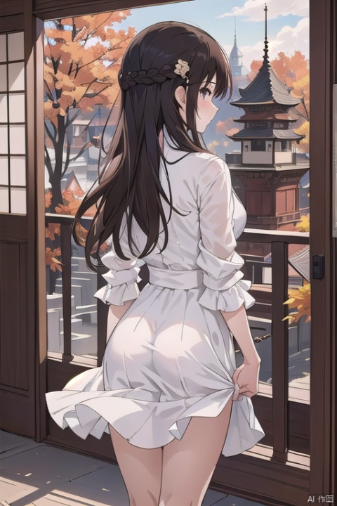 (masterpiece, top quality, best quality, official art, beautiful and aesthetic:1.2),gf-hd, 1girl, long hair, dress, architecture, solo, stairs, white dress, east asian architecture, brown hair, from behind, skirt hold, hair ornament, Anime