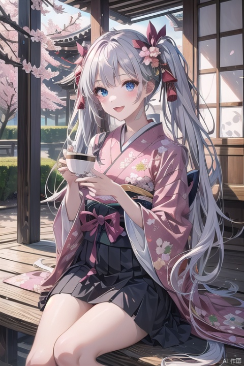 best quality, amazing quality, very aesthetic,1girl, solo, japanese_clothes, long_hair, holding, twintails, smile, cup, kimono, cherry_blossoms, looking_at_viewer, holding_cup, floral_print, bangs, pink_kimono, very_long_hair, open_mouth, skirt, hair_between_eyes, :d, flower, long_sleeves, pink_flower, print_kimono, wide_sleeves, outdoors, hakama, blue_eyes, petals, blush, tree, sitting, white_hair
