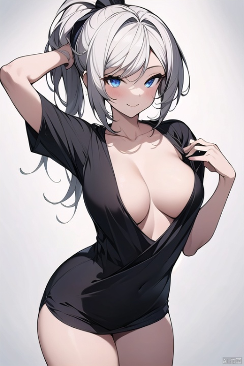 (highly detailed),best quality,1girl,(((breasts out))),((loose t-shirt)),collarbone,bare legs,little smile,white hair,high ponytail,flat chest,arms up,
