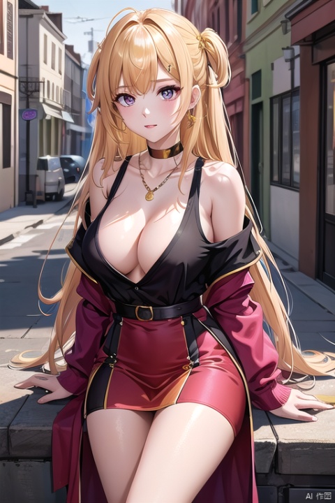 1girl,Bangs, off shoulder, colorful_hair, ((colorful hair)),golden dress, yellow eyes, chest, necklace, pink dress, earrings, floating hair, jewelry, sleeveless, very long hair,Looking at the observer, parted lips, pierced,energy,electricity,magic,tifa,sssr,blonde hair,jujingyi, wangyushan, dofas, forehead mark

