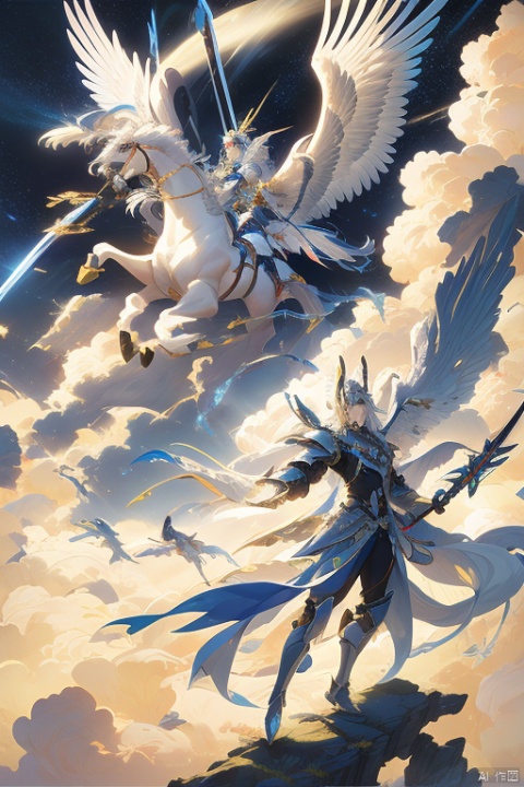 cnss,Personification, a majestic constellation of Pegasus, with its powerful wings casting rainbows in the sky, soaring through the clouds with a warrior wearing celestial armor and wielding a star forged sword. Both prepare to confront an evil wizard attempting to unravel the structure of the sky., vector illustration