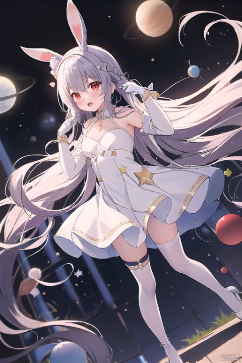 (masterpiece), (best quality), illustration, ultra detailed, hdr, Depth of field, (colorful),[Artist:wlop],[[Artist:sheya]],Artist:hiten_(hitenkei), 1girl, animal ears, long hair, rabbit ears, dress, white dress, heart hands, thighhighs, planet, red eyes, solo, smile, white hair, crown, gloves, white gloves, open mouth, white thighhighs, space, mini crown, very long hair, breasts, earth (planet), heart, looking at viewer, thigh strap, star (sky), rabbit, full body, floating hair, :d, hair between eyes, hands up, cleavage cutout, detached sleeves, blush, white footwear, small breasts